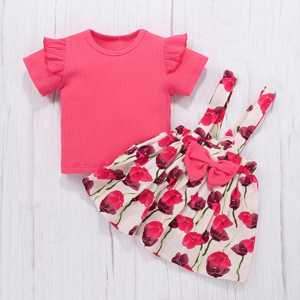 Pink Ruffle Ribbed Blouse & Floral Suspender Skirt 2pcs Baby Outfit